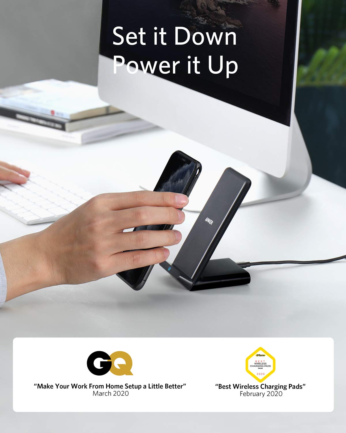 Anker 313 wireless charging stand with a sleek design, showing a smartphone placed on the charging pad for wireless power transfer.