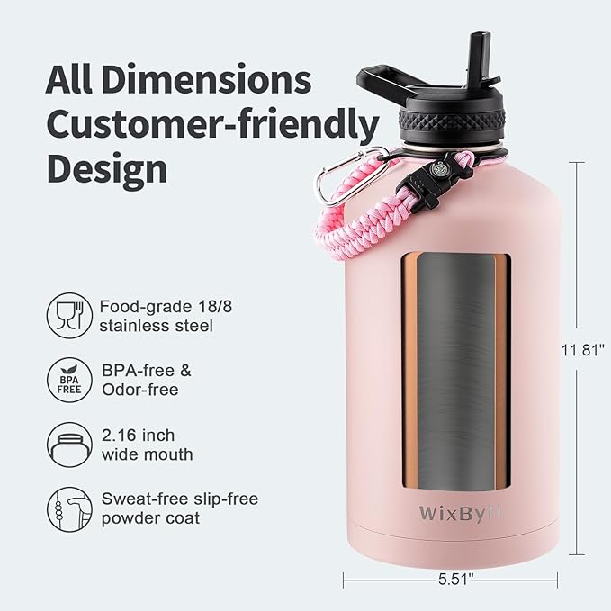 One Gallon Water Bottle Insulated, Triple Wall Vacuum Cold for 48 Hrs & Leak-proof & Non-BPA, 128oz Large Sports Stainless Steel Water Jug with Paracord Handle Straw Spout Lids & DIY Stickers - OVERLANDERS Outfitter