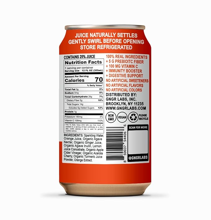 '+GNGR Sparkling Vitamin C Prebiotic Drink - Caffeine free - 5g Prebiotic Fiber - Orange Juice - Ginger Juice - Turmeric - Acerola - Apple Cider Vinegar - Prebiotic Soda - Immunity (12 oz - 12 Pack) - OVERLANDERS Outfitter