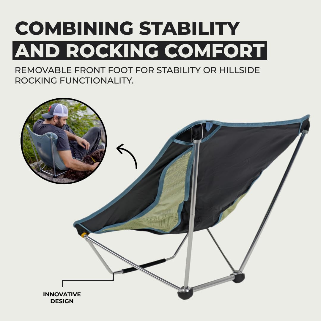 GrandTrunk Mayfly Low Ground Collapsible Chair displayed outdoors with lightweight frame and fabric seat for camping and relaxing.