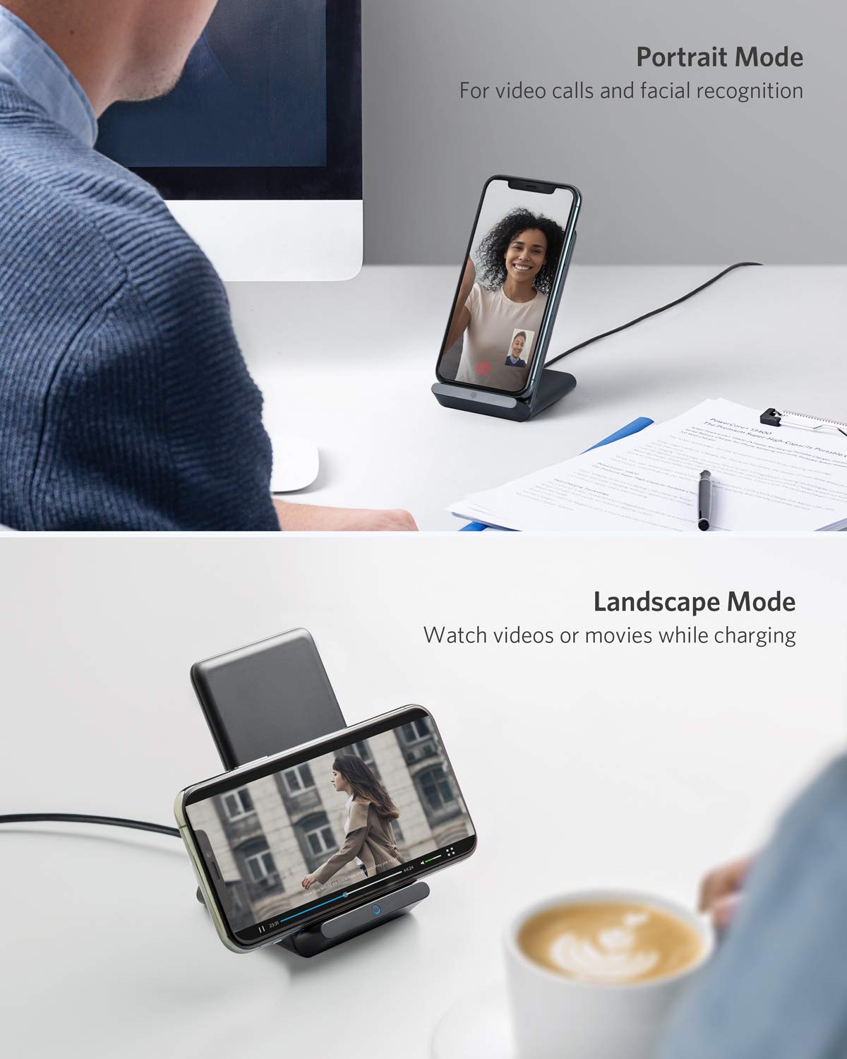 Anker 313 wireless charging stand for smartphones, featuring a sleek design to hold and charge devices wirelessly.