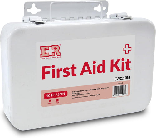 MediTac Kits 10-person first aid kit in a durable metal case with bandages, antiseptics, and medical supplies for emergency use.
