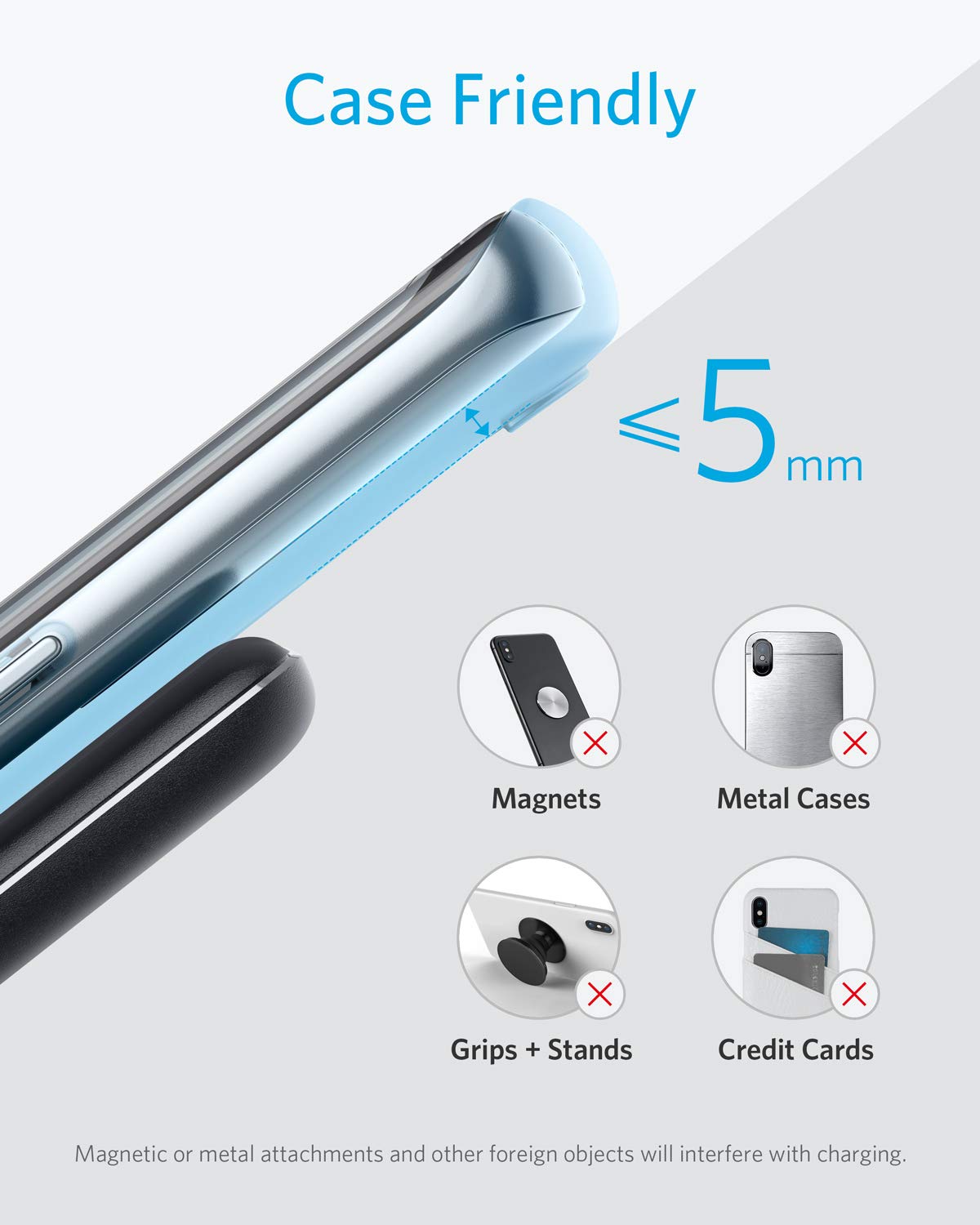 Anker 313 Wireless Charger Stand for charging devices, featuring a sleek vertical design with charging pad and indicator light.