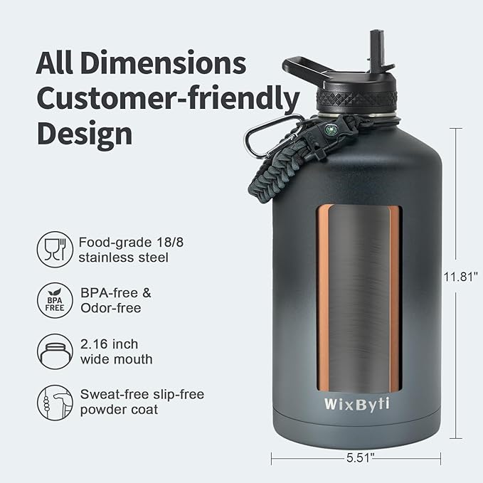 One Gallon Water Bottle Insulated with DIY Stickers, Triple Wall Vacuum Cold for 48 Hrs Leak-proof Non-BPA, 128oz Large Sports Stainless Steel Water Jug with Paracord Handle Straw Spout Lids - OVERLANDERS Outfitter