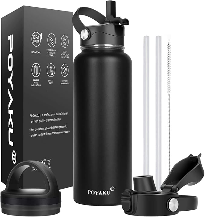 Water Bottle Insulated 32oz 40oz 64oz 128oz Straw Lid Spout Lid & 3 Lids, Leak Proof, Vacuum Insulated,Stainless Steel Water Bottle Wide Mouth for Sports, Gym or Office - OVERLANDERS Outfitter