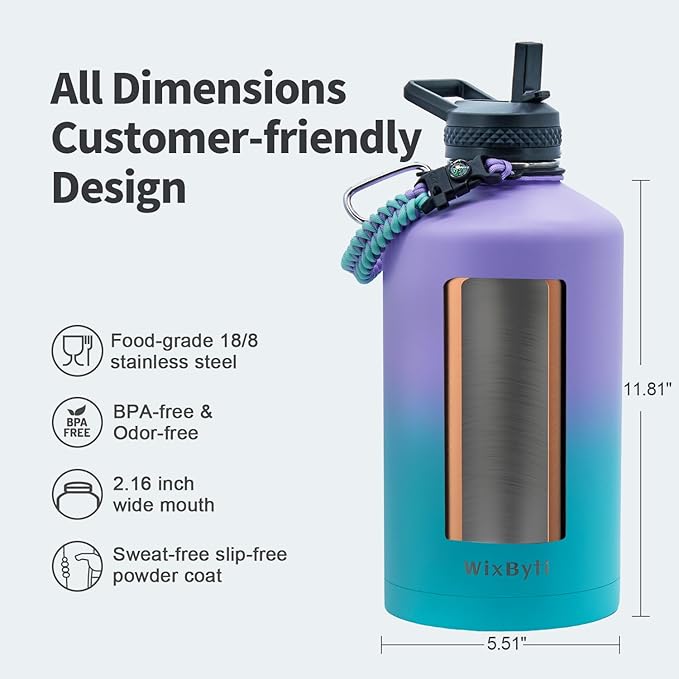 One Gallon Water Bottle Insulated, Triple Wall Vacuum Cold for 48 Hrs & Leak-proof & Non-BPA, 128oz Large Sports Stainless Steel Water Jug with Paracord Handle Straw Spout Lids & DIY Stickers - OVERLANDERS Outfitter