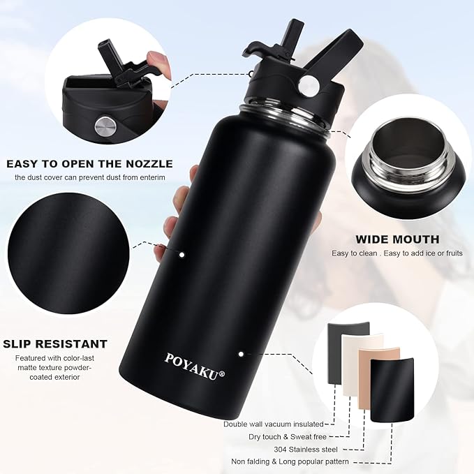 Water Bottle Insulated 32oz 40oz 64oz 128oz Straw Lid Spout Lid & 3 Lids, Leak Proof, Vacuum Insulated,Stainless Steel Water Bottle Wide Mouth for Sports, Gym or Office - OVERLANDERS Outfitter