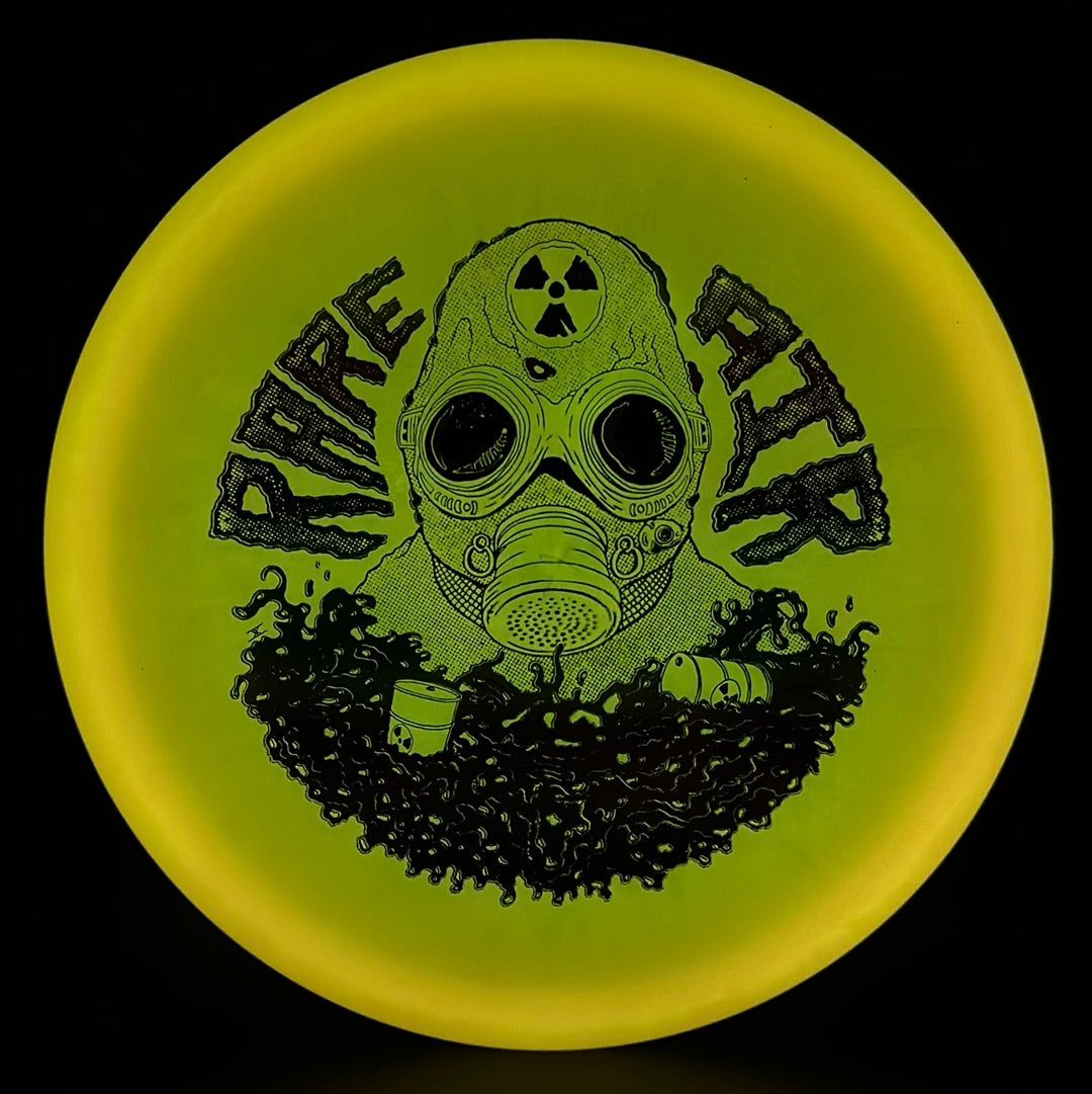 Color Lunar Recon Mortar F2 disc golf disc by Rare Air Discs with Radioactive Man stamp, featuring vibrant lunar-themed artwork.