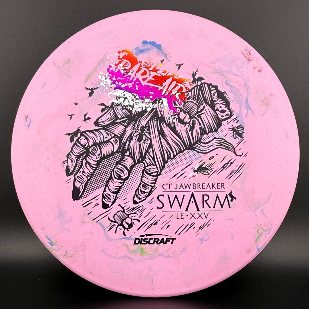 Disc golf disc featuring the CT Jawbreaker Swarm design by Rare Air Discs, with Ledgestone 2025 Rare Air Stamp visible.