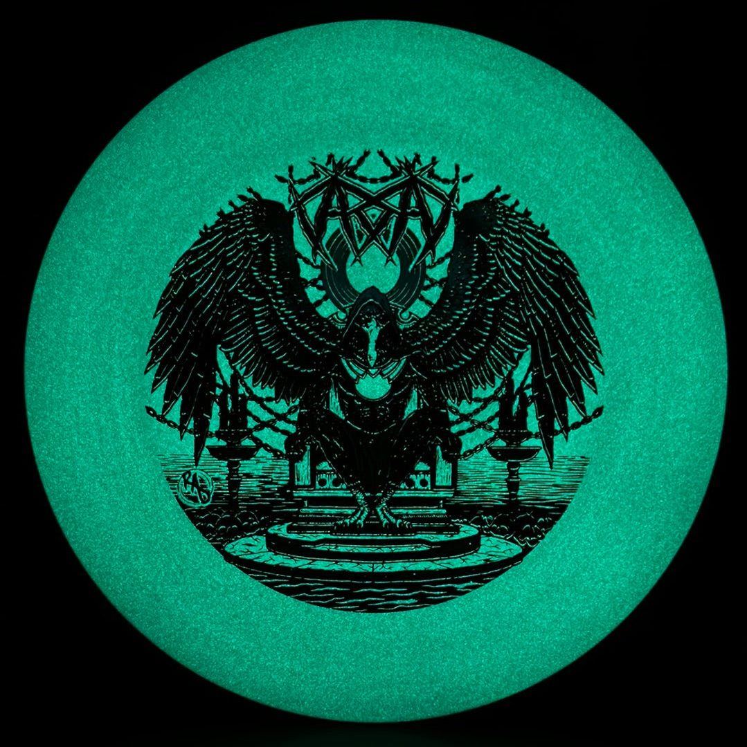Disc golf disc ESP Glo Buzzz by Rare Air Discs featuring Karudi the Overseer design from Ripper Studios.