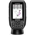 Garmin STRIKER 4 Fishfinder with 77/200kHz transducer, mounted on boat transom or trolling motor for fish detection.
