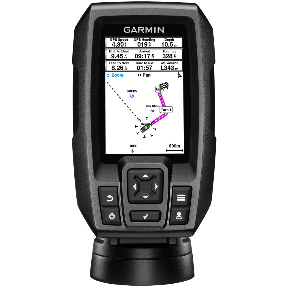 Garmin STRIKER 4 Fishfinder with 77/200kHz transducer, mounted on boat transom or trolling motor for fish detection.