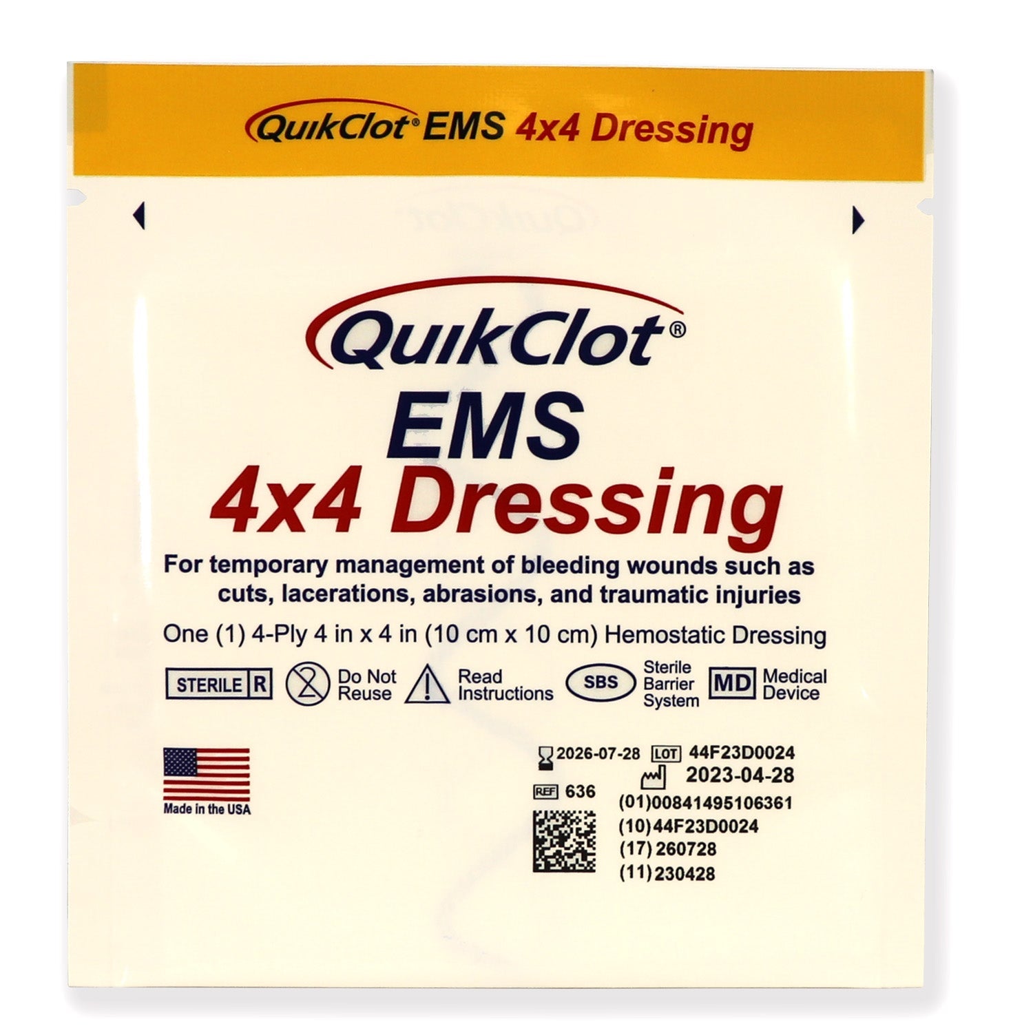 QuikClot EMS Dressing 4x4 inch bleeding management pad for quick clotting, featuring a sterile, absorbent bandage from quakekits.com