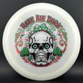 Disc golf stamp by Manny Trujillo featuring Forged Radiant Era - Crushin' Amanitas design on Rare Air Discs for disc golf players.