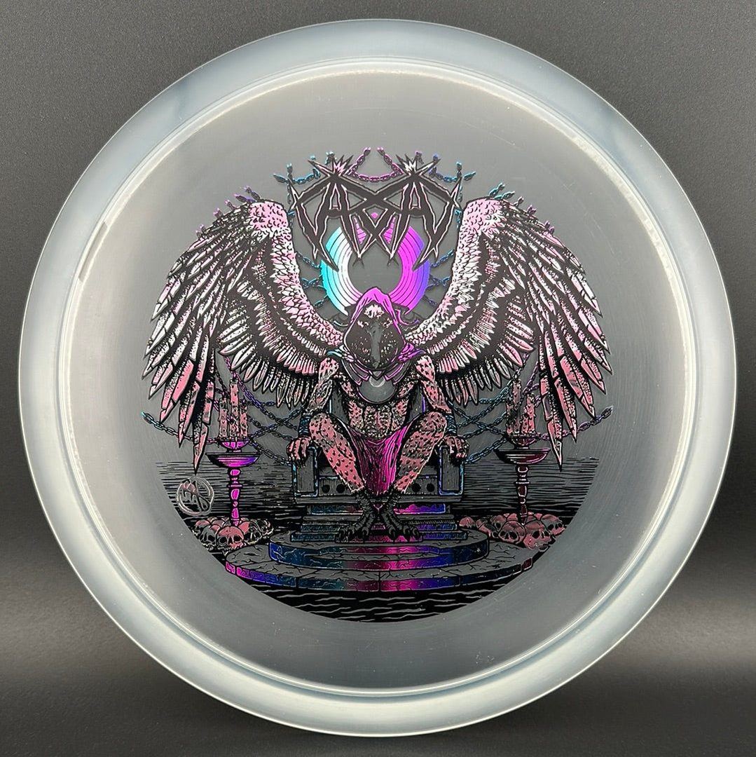 CryZtal Buzzz disc golf disc by Rare Air Discs featuring Karudi the Overseer artwork, bright yellow and black design.