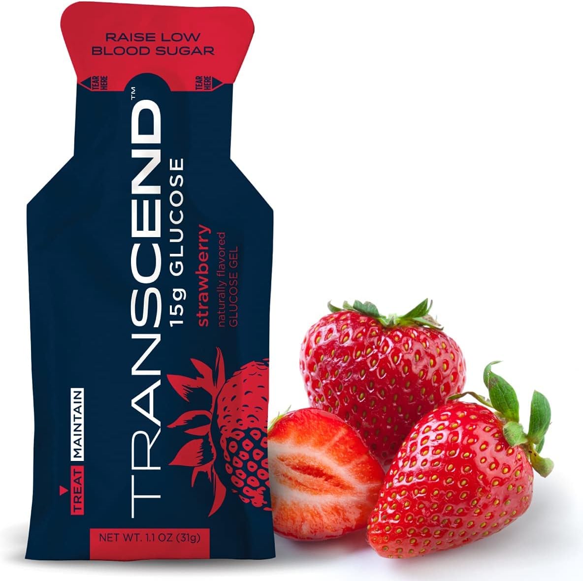 Transcend 15g strawberry flavor glucose gel packets in a 3-pack, suitable for food and water consumption.