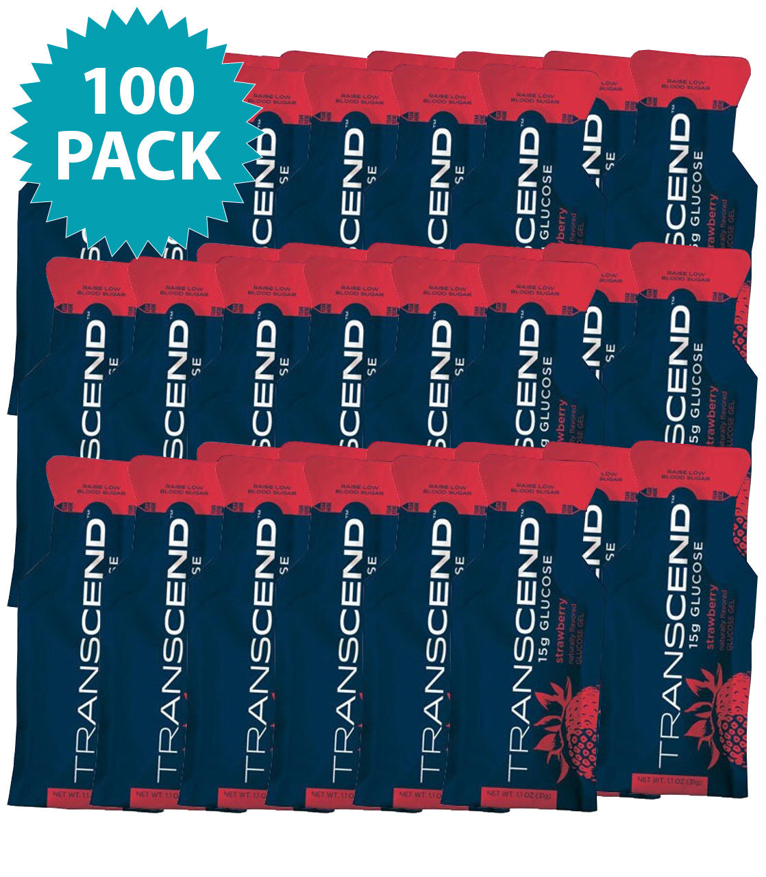 Bulk case of 100 Transcend 15g strawberry glucose gels, food and water supplement from quakekits.com, shown in individual packets.