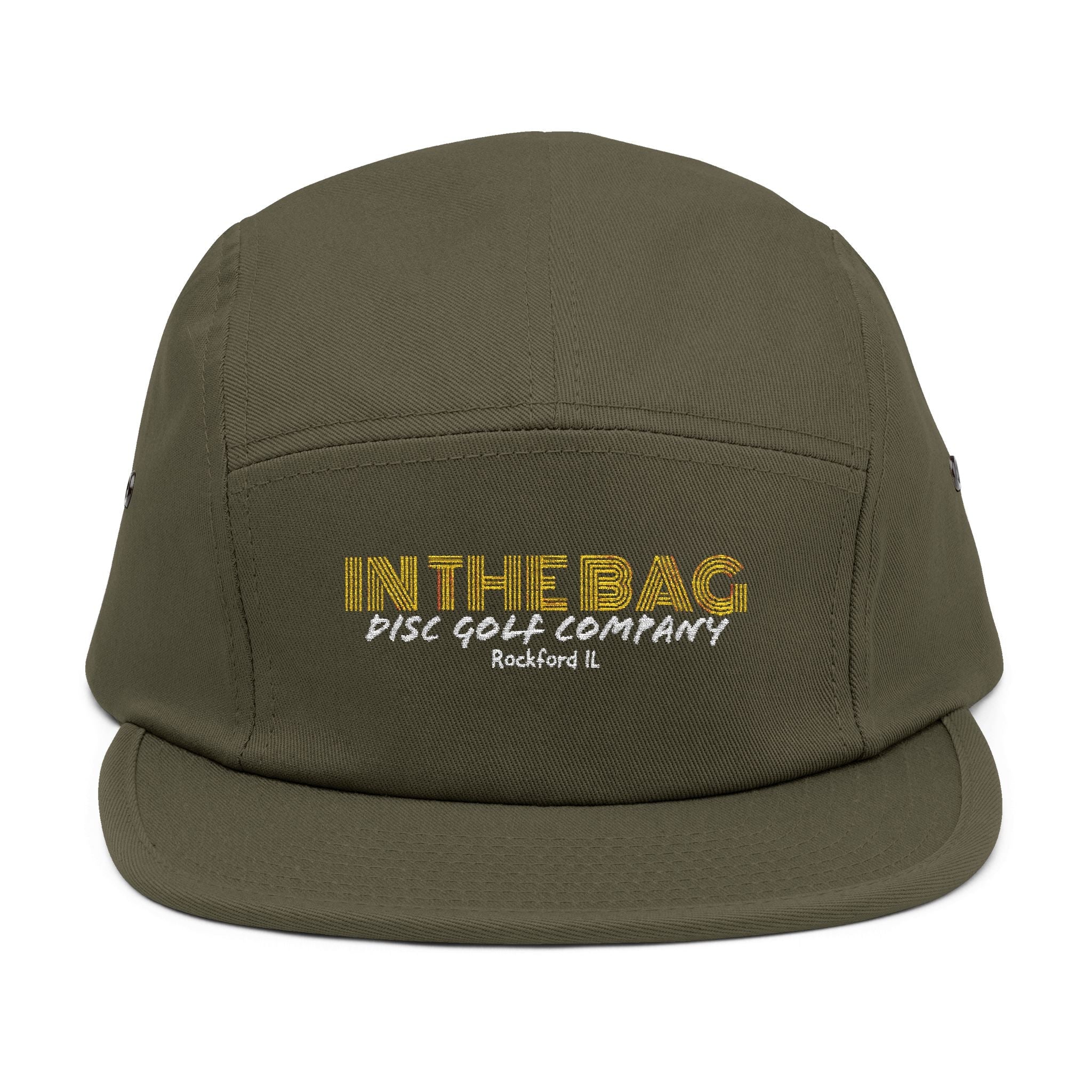 Embroidered 5-panel cap from In The Bag Disc Golf Company, featuring a stylish design, shown on a plain background.