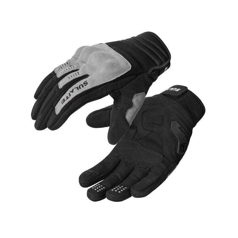 Bean's Moto Booth SULAITE™ G3 touch-screen motorcycle gloves with black and gray design, showing reinforced palms and touchscreen fingertips.