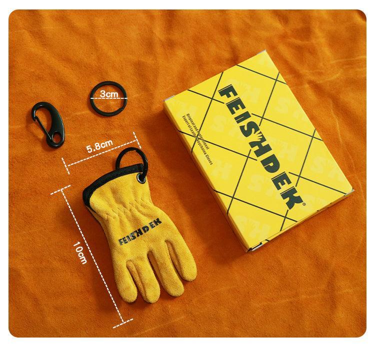 Vintage handcrafted leather motorcycle glove keychain from FEISHDEK™ by Bean's Moto Booth, featuring detailed leather craft and motorcycle design.