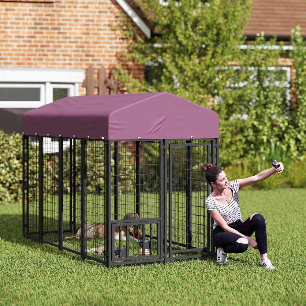 Welded Wire Outdoor Dog Kennel with 360° Rotating & Adjustable Bowls, Waterproof Cover, 7.9 x 4 x 6 ft - OVERLANDERS Outfitter