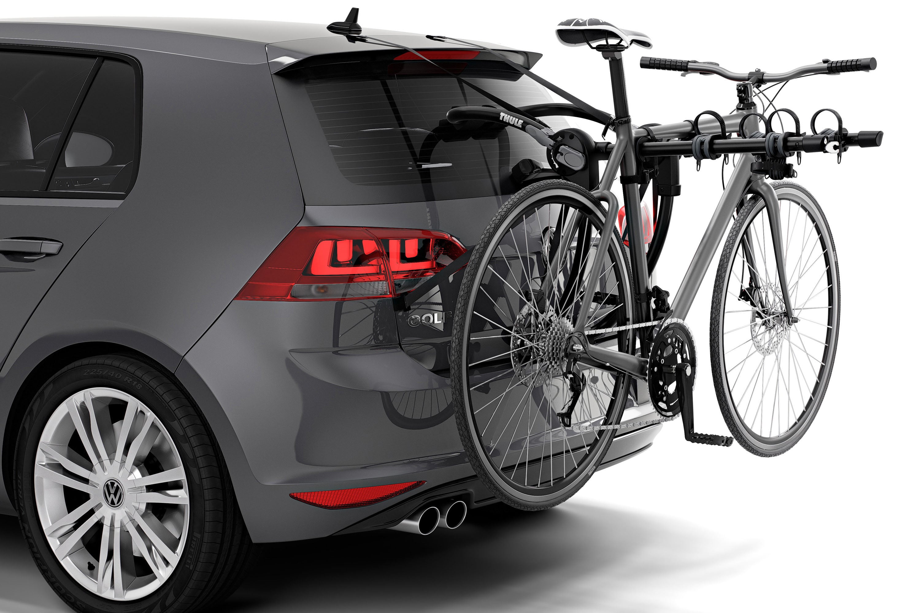 Backcountry Sportsman Thule Gateway Pro 3 bike rack mounted on vehicle, holding multiple bicycles for secure transport.