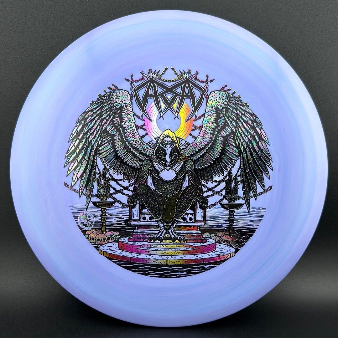 ESP Glo Buzzz disc golf disc by Ripper Studios featuring Karudi the Overseer design in vibrant glow-in-the-dark colors.