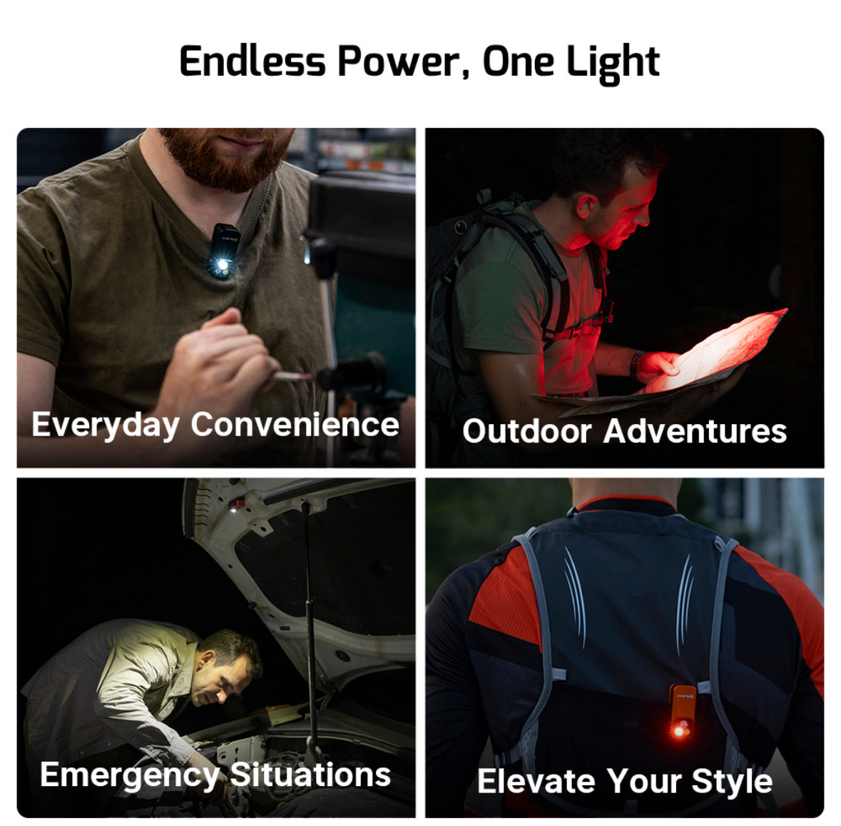 MUCITUP Olight Oclip Pro flashlight with clip, showing flood, spot, and red modes in four color options.