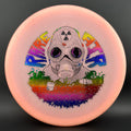Rare Air Discs Lunar Recon Mortar F2 disc golf disc with radioactive man stamp in vibrant colors, designed for disc golf players.