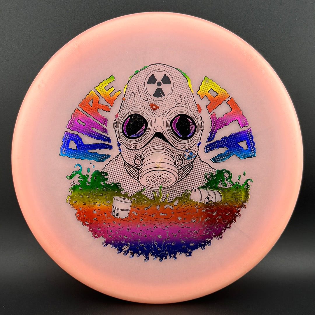 Rare Air Discs Lunar Recon Mortar F2 disc golf disc with radioactive man stamp in vibrant colors, designed for disc golf players.