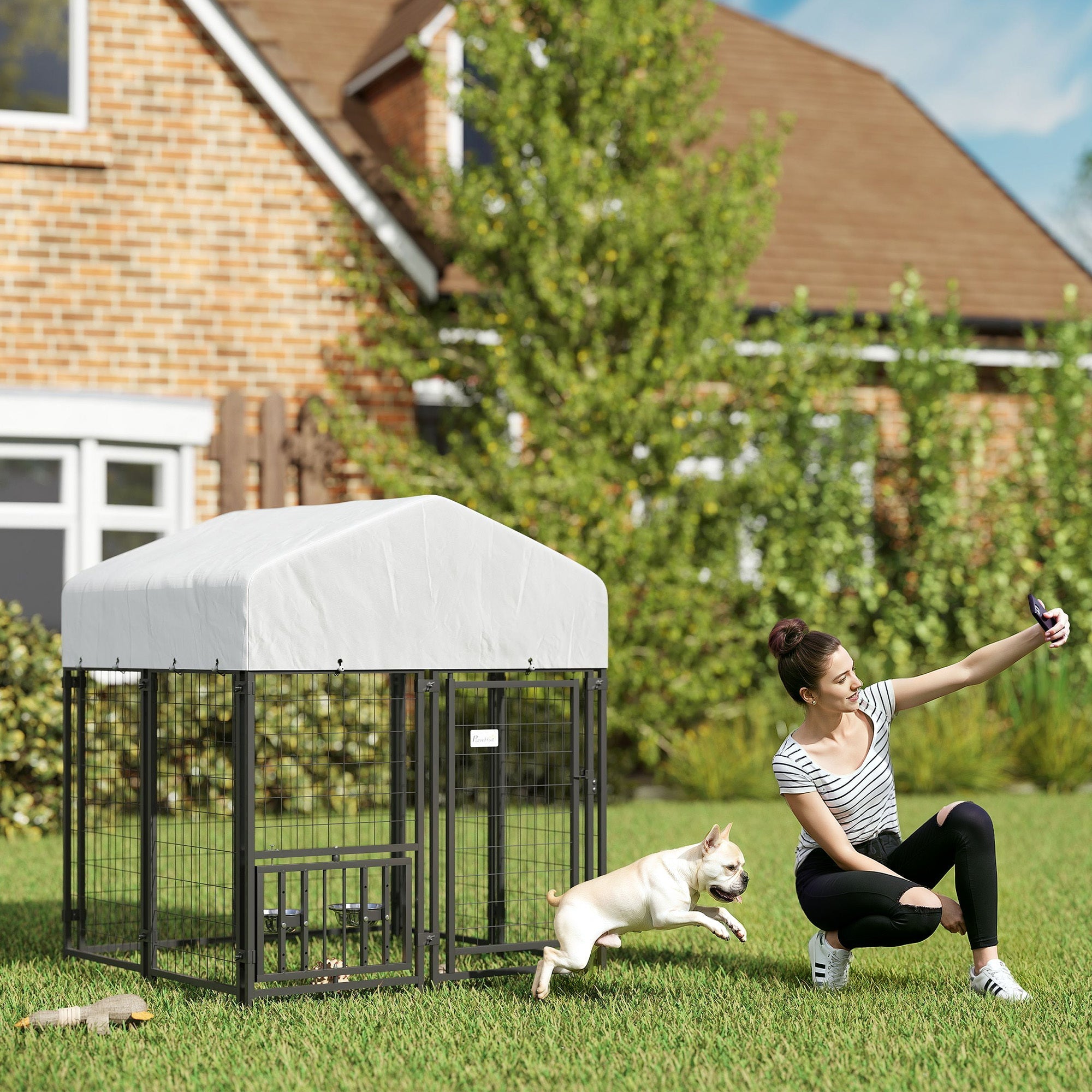 Welded Wire Dog Kennel with 360 Rotating & 4 Levels Adjustable Bowls, Waterproof Cover, 3.9 X 3.9 X 4.5 - OVERLANDERS Outfitter