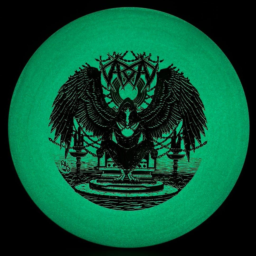 ESP Glo Buzzz disc golf disc by Rare Air Discs, featuring Karudi the Overseer design from Cult of RAD.
