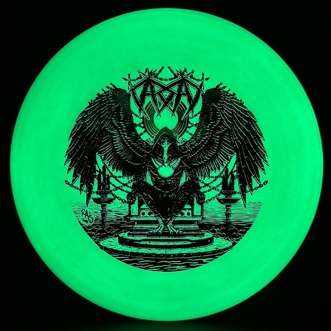 ESP Glo Buzzz disc golf disc by Rare Air Discs featuring Karudi the Overseer artwork, vibrant glow finish on a white background.