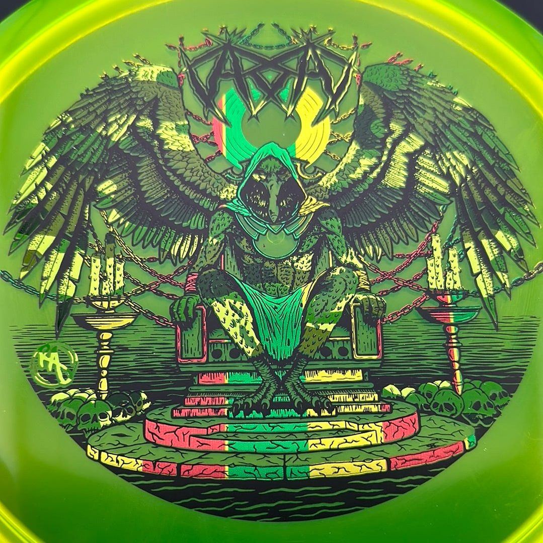 CryZtal Buzzz disc golf disc by Rare Air Discs featuring Karudi the Overseer artwork on a transparent crystal-like disc.