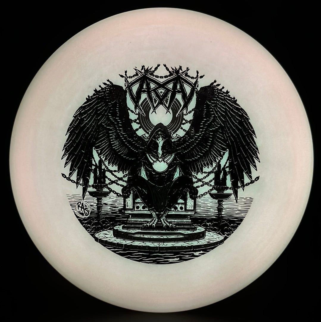 ESP Glo Buzzz disc golf disc by Rare Air Discs featuring Karudi the Overseer artwork, vibrant glow-in-the-dark design.