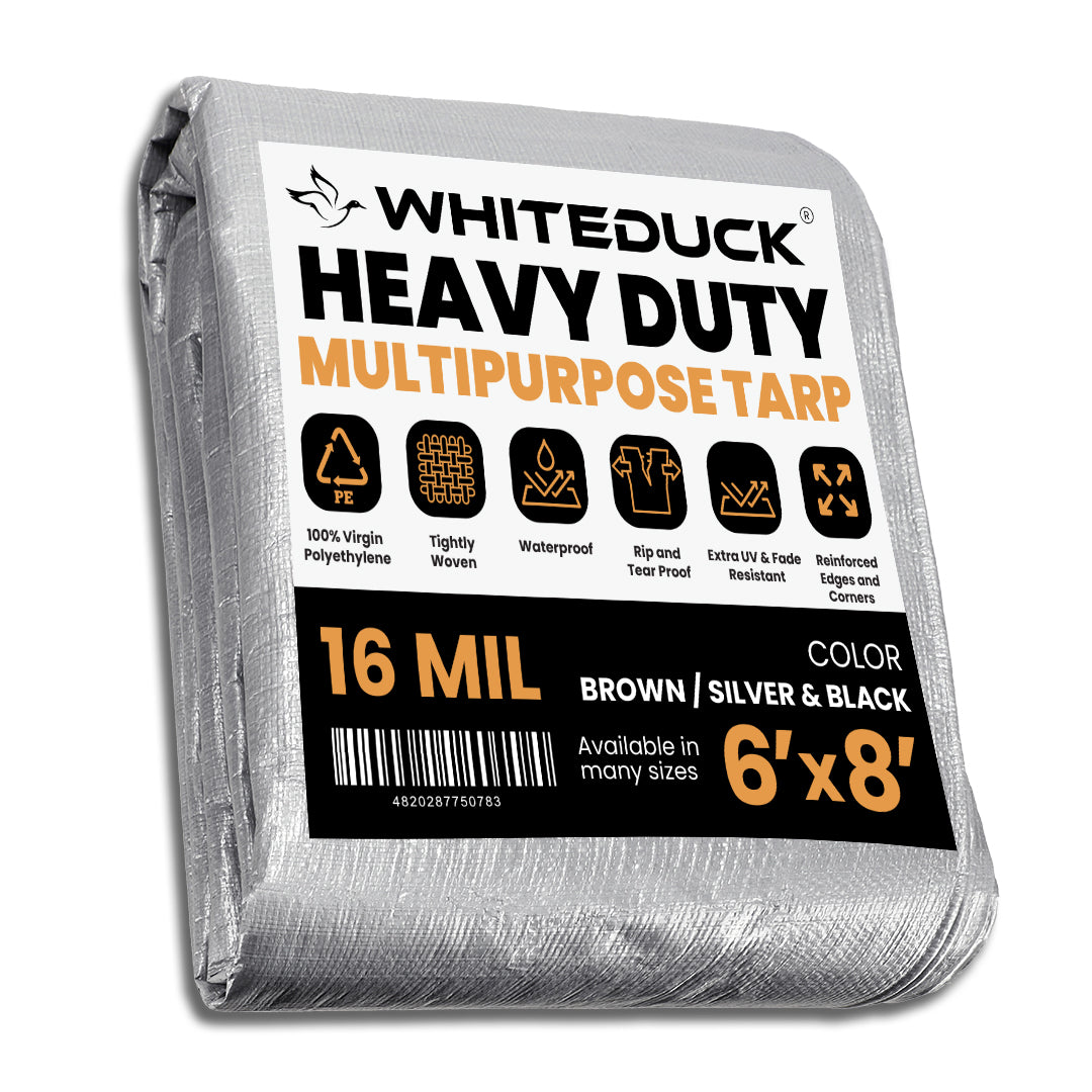 Silver 6x8 foot heavy-duty poly tarp by White Duck Outdoors, 16 mil thick, durable waterproof shelter or ground cover.