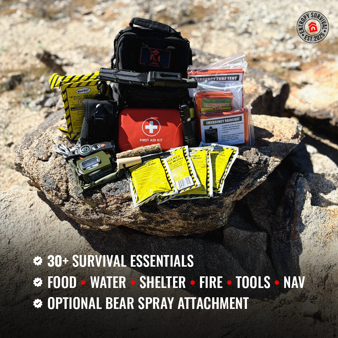 Entropy Survival Safe Trail Survive All emergency preparedness kit in a compact bag, containing essential survival gear for emergencies.
