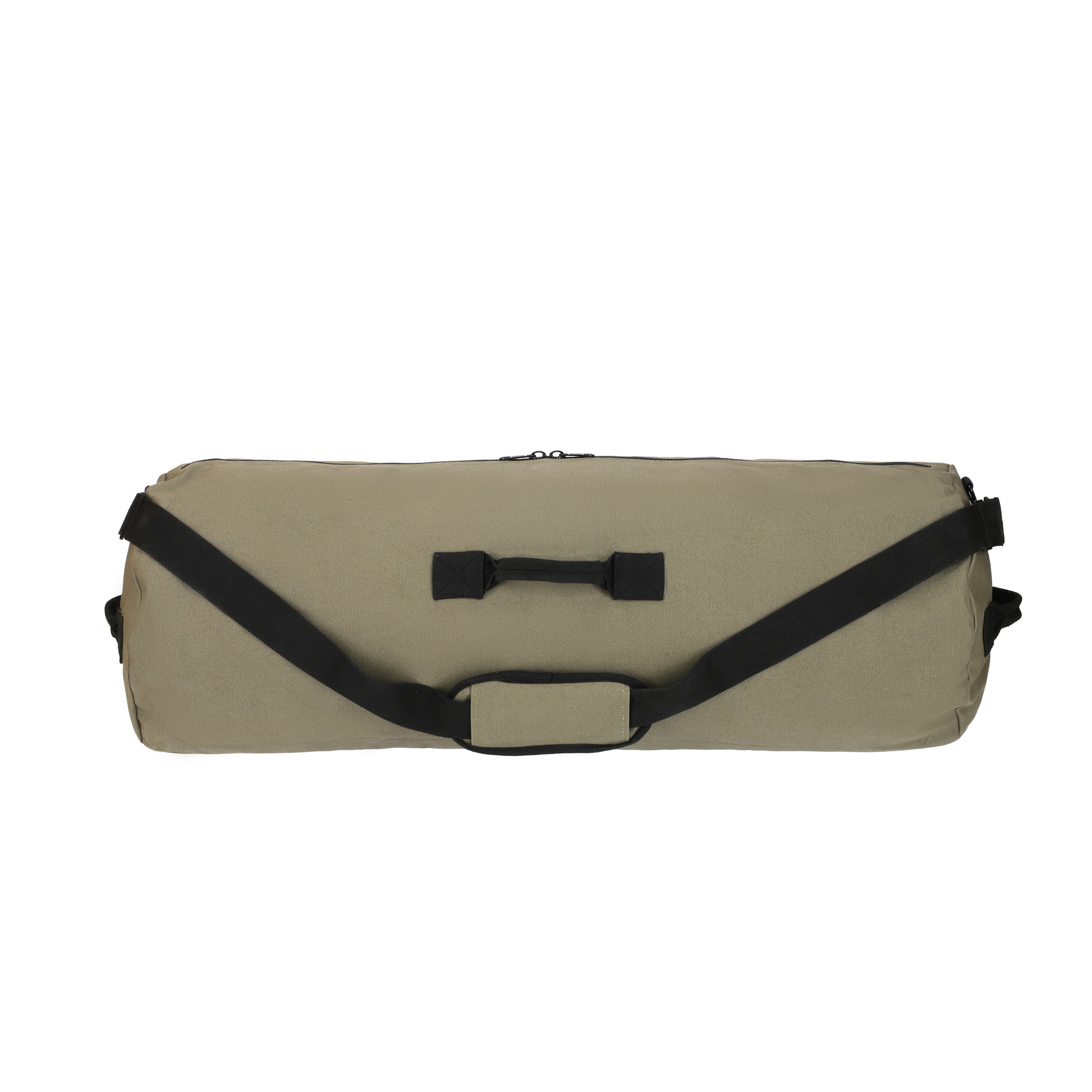 White Duck Outdoors Hoplite Canvas Duffel Bag showing durable beige canvas material with black leather accents and adjustable shoulder strap
