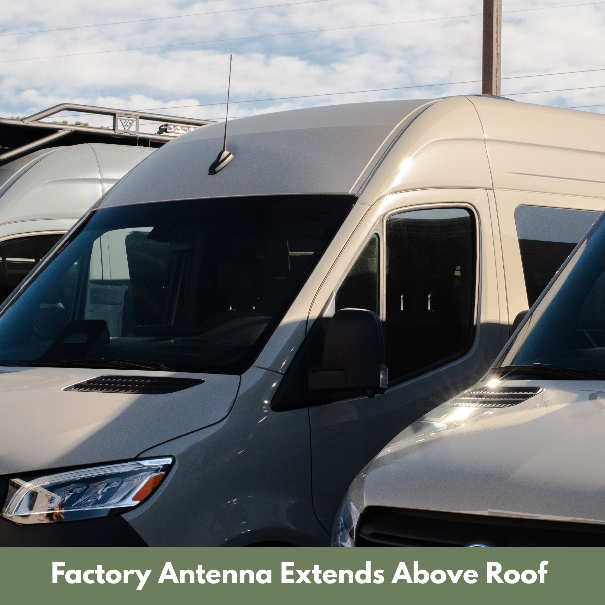Sprinter short antenna by The Van Mart, close-up of compact vehicle antenna on a vehicle roof.