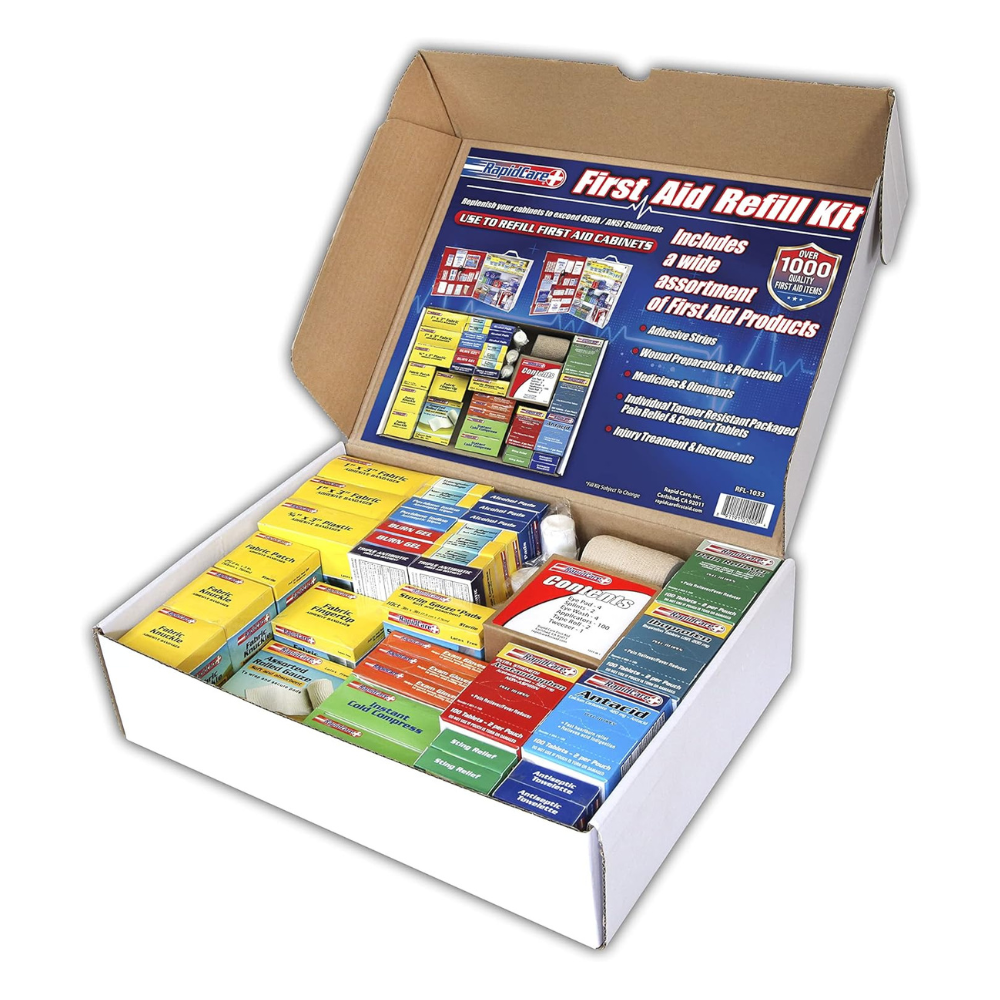 XL Rapid Care First Aid Refill Kit with 1033 pieces displayed in a 4-shelf organizer for easy access to supplies.