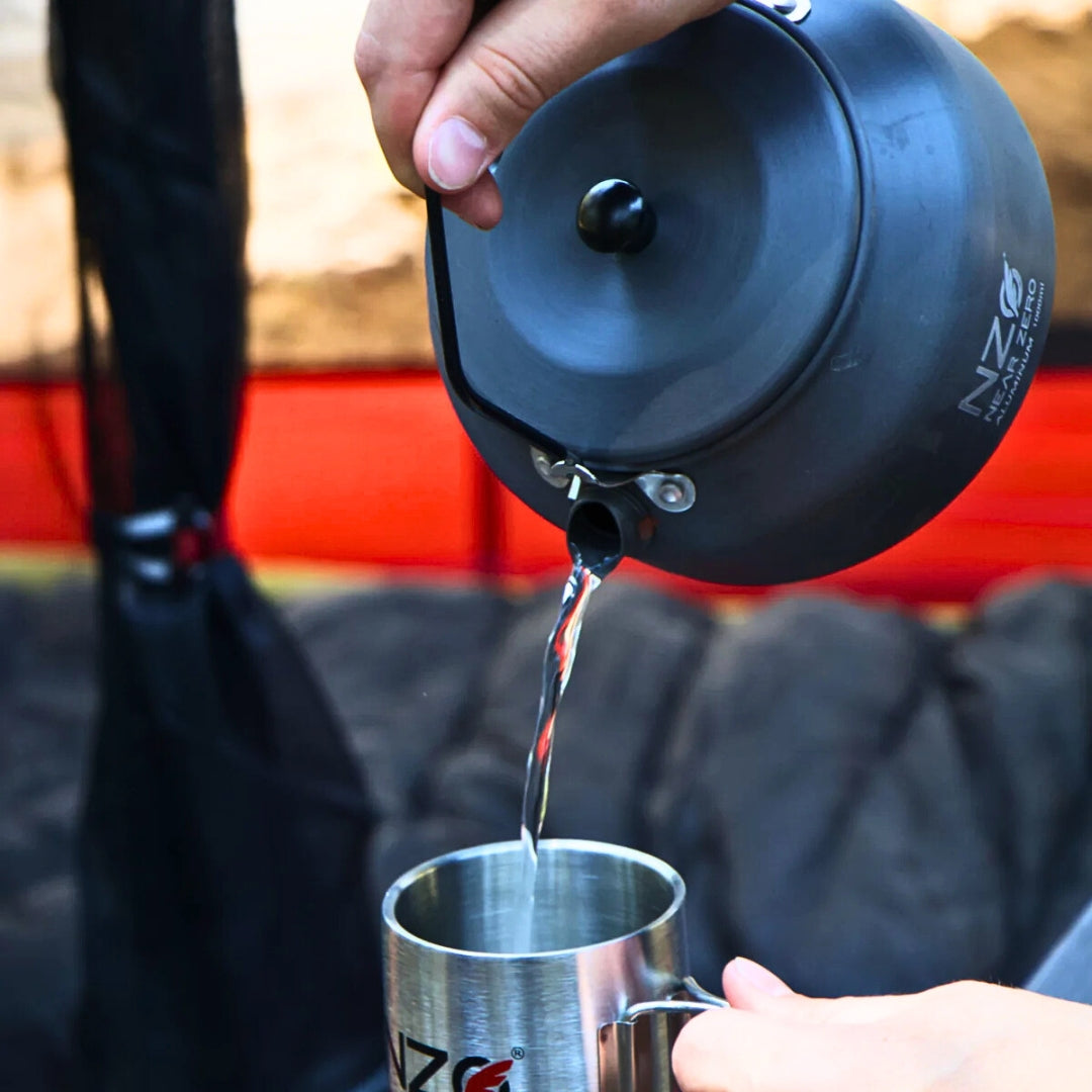 Near Zero Outdoor Gear aluminum kettle 1.0L with handle, designed for outdoor camping and outdoor cooking accessories.