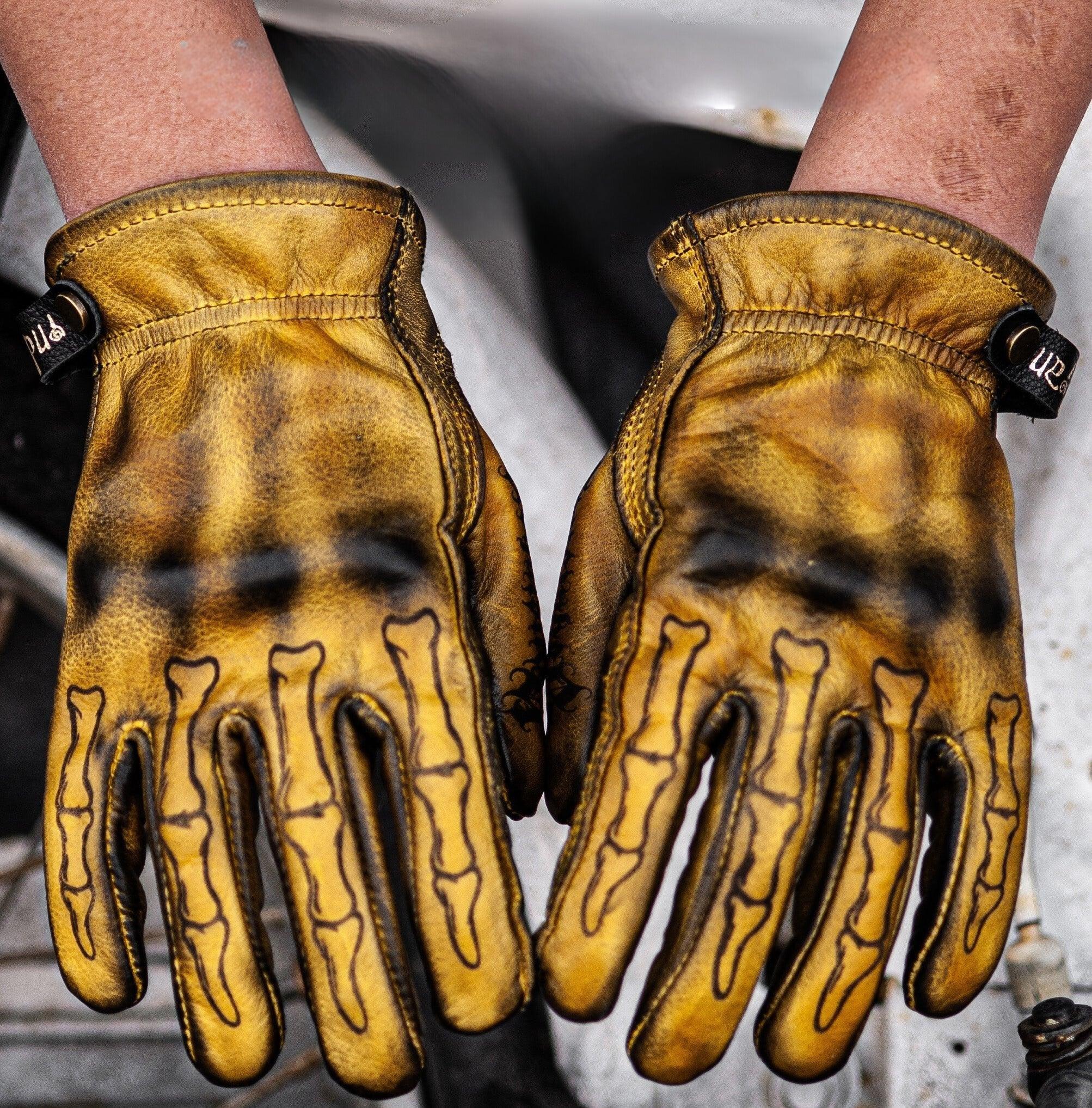 Indian Monkey™ handcrafted AAA cowhide motorcycle gloves with reinforced leather and detailed stitching, designed for rider comfort and protection.