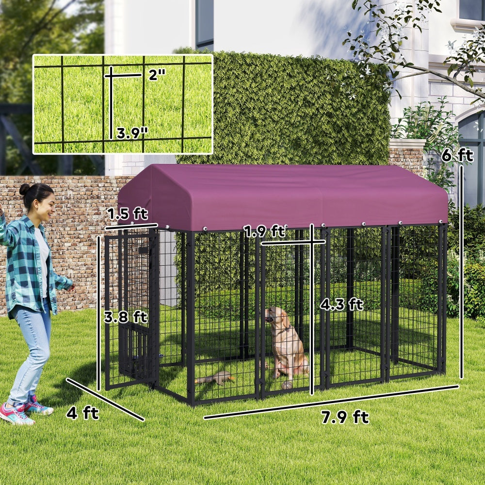 Welded Wire Outdoor Dog Kennel with 360° Rotating & Adjustable Bowls, Waterproof Cover, 7.9 x 4 x 6 ft - OVERLANDERS Outfitter