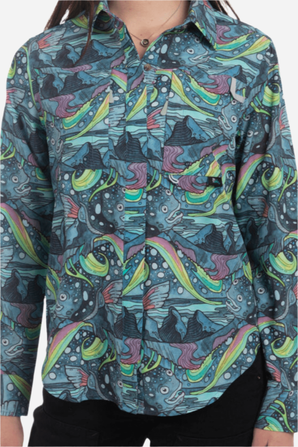 FisheWear HaliBorealis Tunic fishing shirt featuring long sleeves, lightweight fabric, and a vibrant pattern for outdoor fishing.