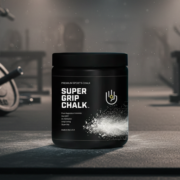 Clean Chalk Super Grip Magnesium Carbonate sports chalk powder in a container, used for enhanced grip during climbing or weightlifting.