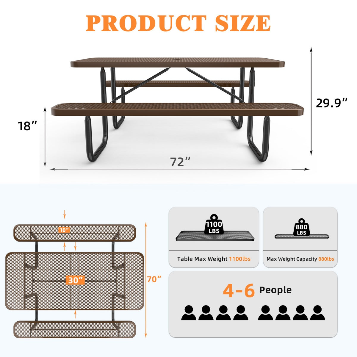 6 ft Metal Picnic Tables for Outdoors, Rectangle Coated Steel Patio Furniture Set - OVERLANDERS Outfitter