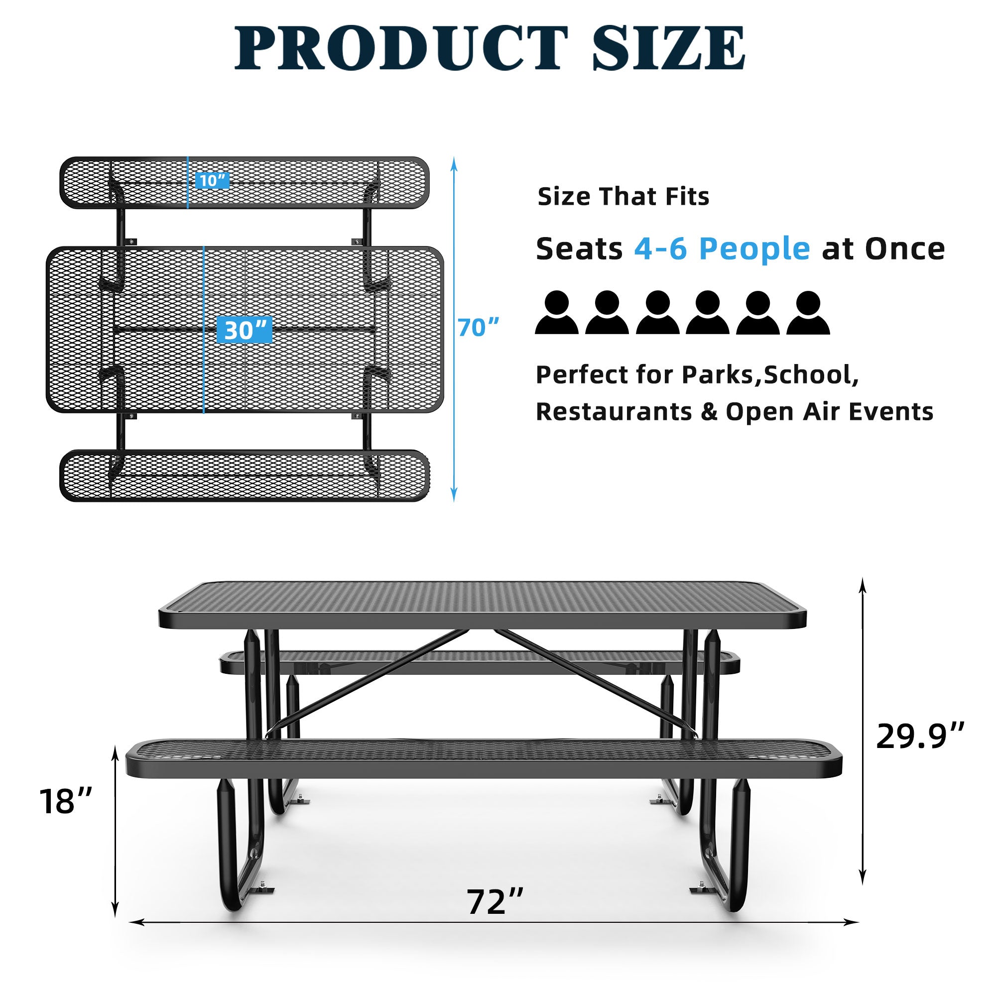 6 ft Metal Picnic Tables for Outdoors, Rectangle Coated Steel Patio Furniture Set - OVERLANDERS Outfitter