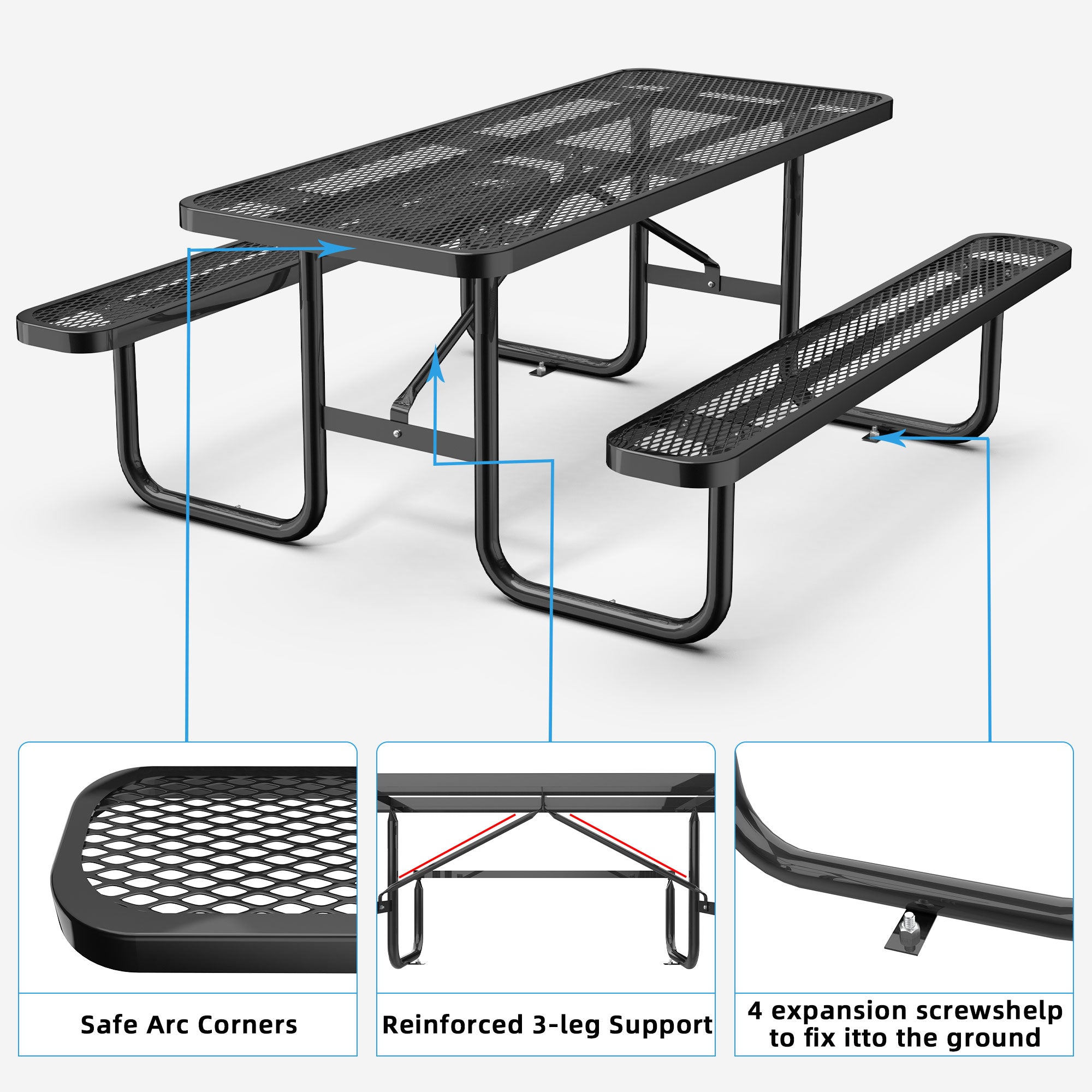 6 ft Metal Picnic Tables for Outdoors, Rectangle Coated Steel Patio Furniture Set - OVERLANDERS Outfitter