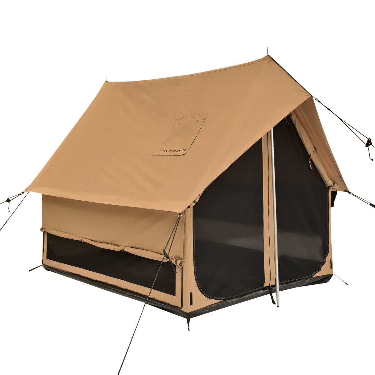 White Duck Outdoors 6'x8' Rover Scout Tent set up outdoors with rainfly and mesh windows for camping and outdoor adventures.