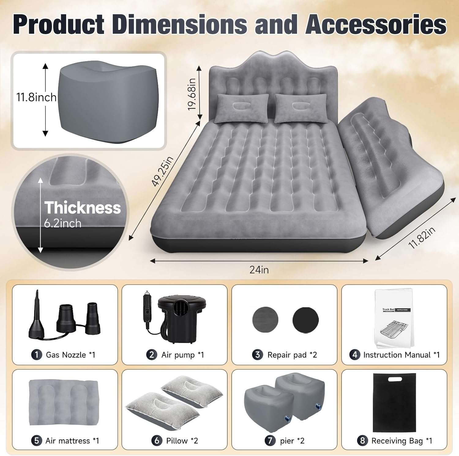 Thicken Backseat SUV/Car/Truck Air Mattress Air Bed Inflatable SUV Truck Mattress -24'' Width/Grey - OVERLANDERS Outfitter
